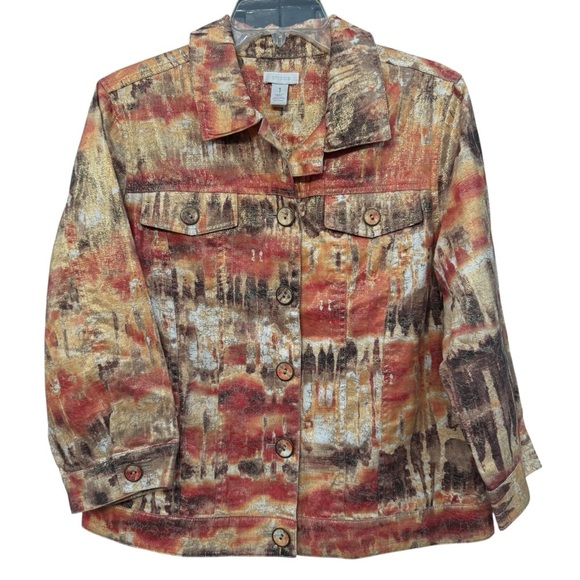 Chico’s 1 Medium Abstract Print Jacket Linen Cotton Blend Fall Colors - Picture 2 of 6